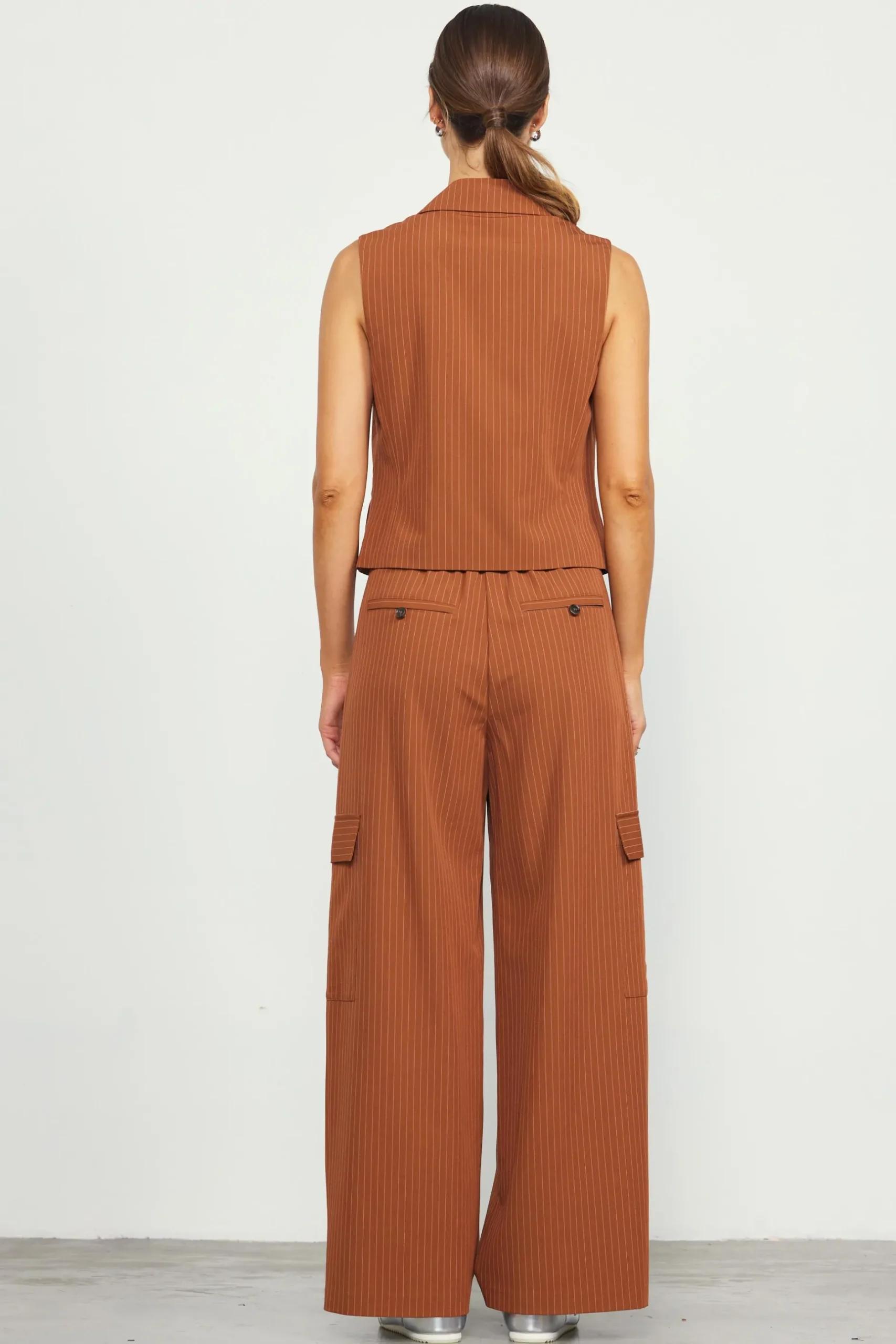 SKIES ARE BLUE Pants*Pinstriped Cargo Wide Leg Pants Tuscantan
