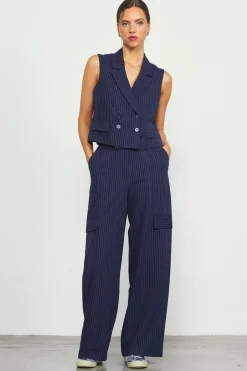 SKIES ARE BLUE Pants*Pinstriped Cargo Wide Leg Pants Navy