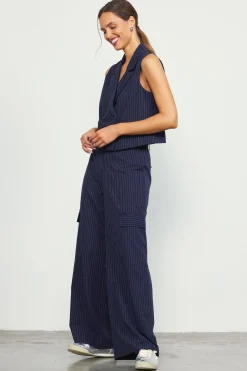 SKIES ARE BLUE Pants*Pinstriped Cargo Wide Leg Pants Navy