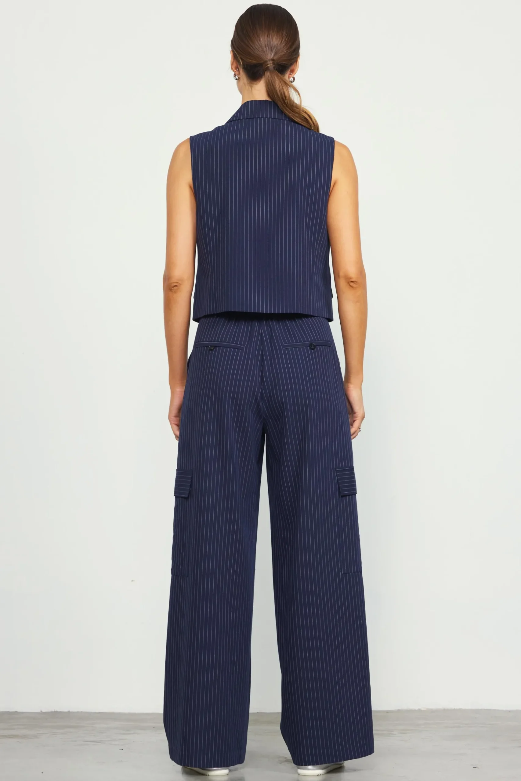 SKIES ARE BLUE Sleeveless Tops*Pinstriped Double Breasted Vest Navy