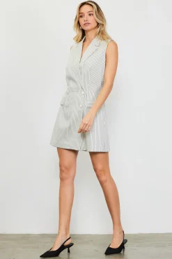 SKIES ARE BLUE Jumpsuits*Pinstriped Double Breasted Romper Ivory-navy