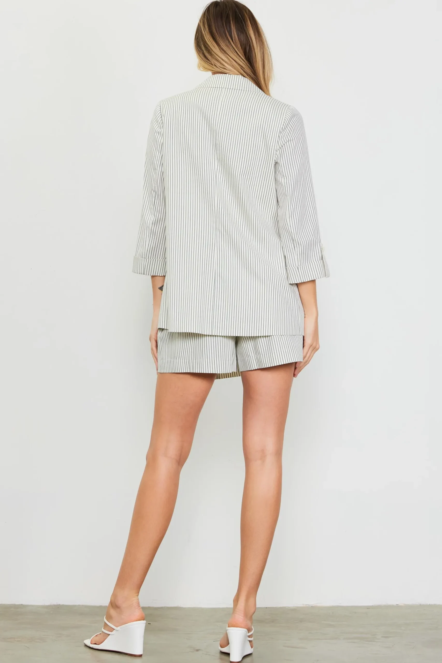 SKIES ARE BLUE Blazers*Pinstriped Rolled Sleeve Blazer Ivory-navy