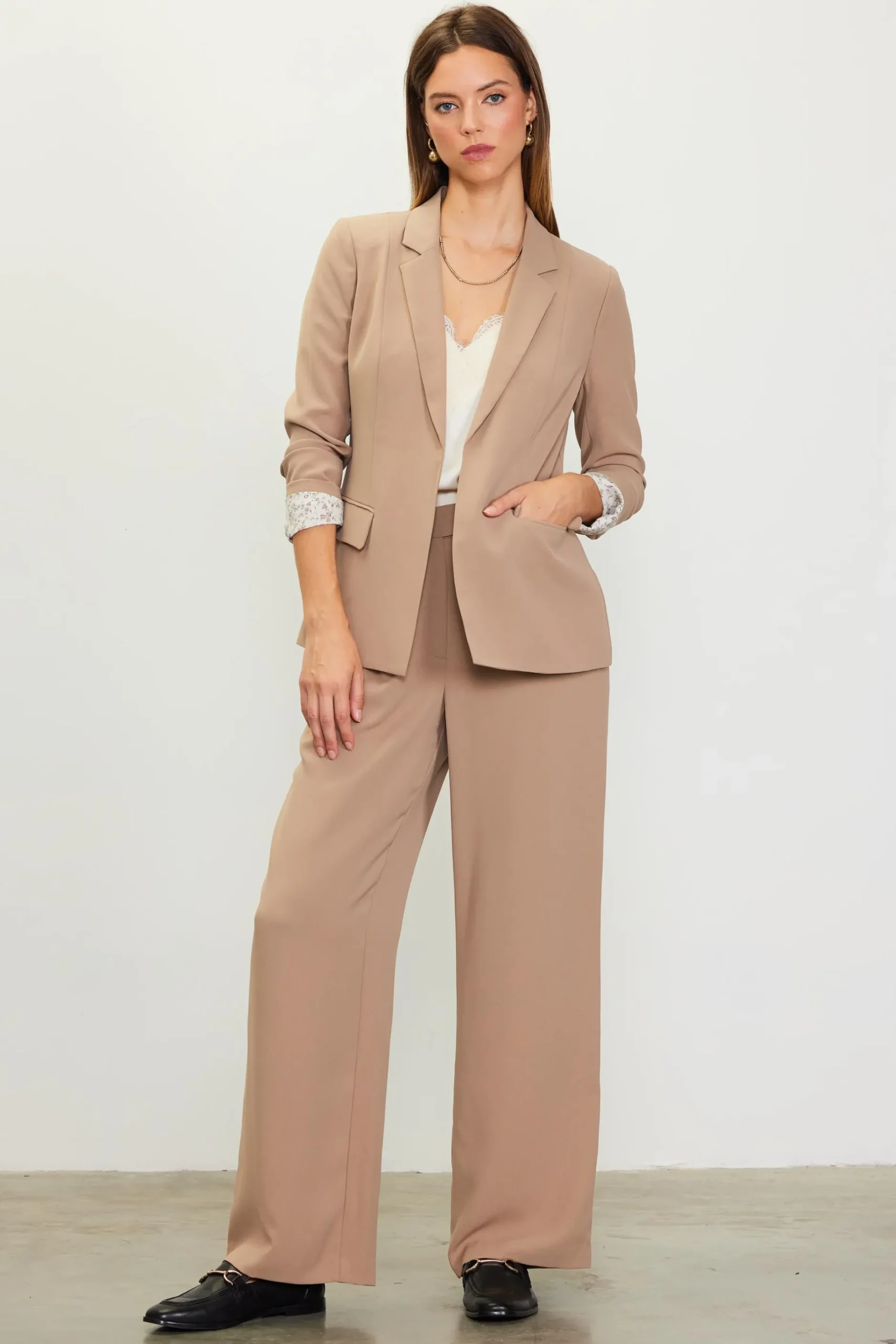 SKIES ARE BLUE Pants*Pintuck Wide Leg Trousers Tan
