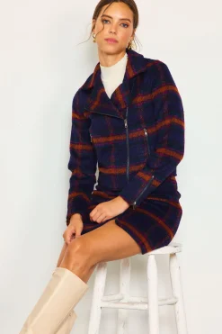 SKIES ARE BLUE Outerwear|Blazers*Plaid Moto Jacket Navy-teal