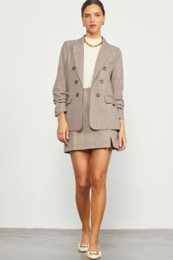 SKIES ARE BLUE Blazers*Plaid Ruched Sleeve Tailored Blazer Brown