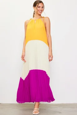 SKIES ARE BLUE Maxi Dresses*Pleated Color Block Maxi Dress Mangoorchid