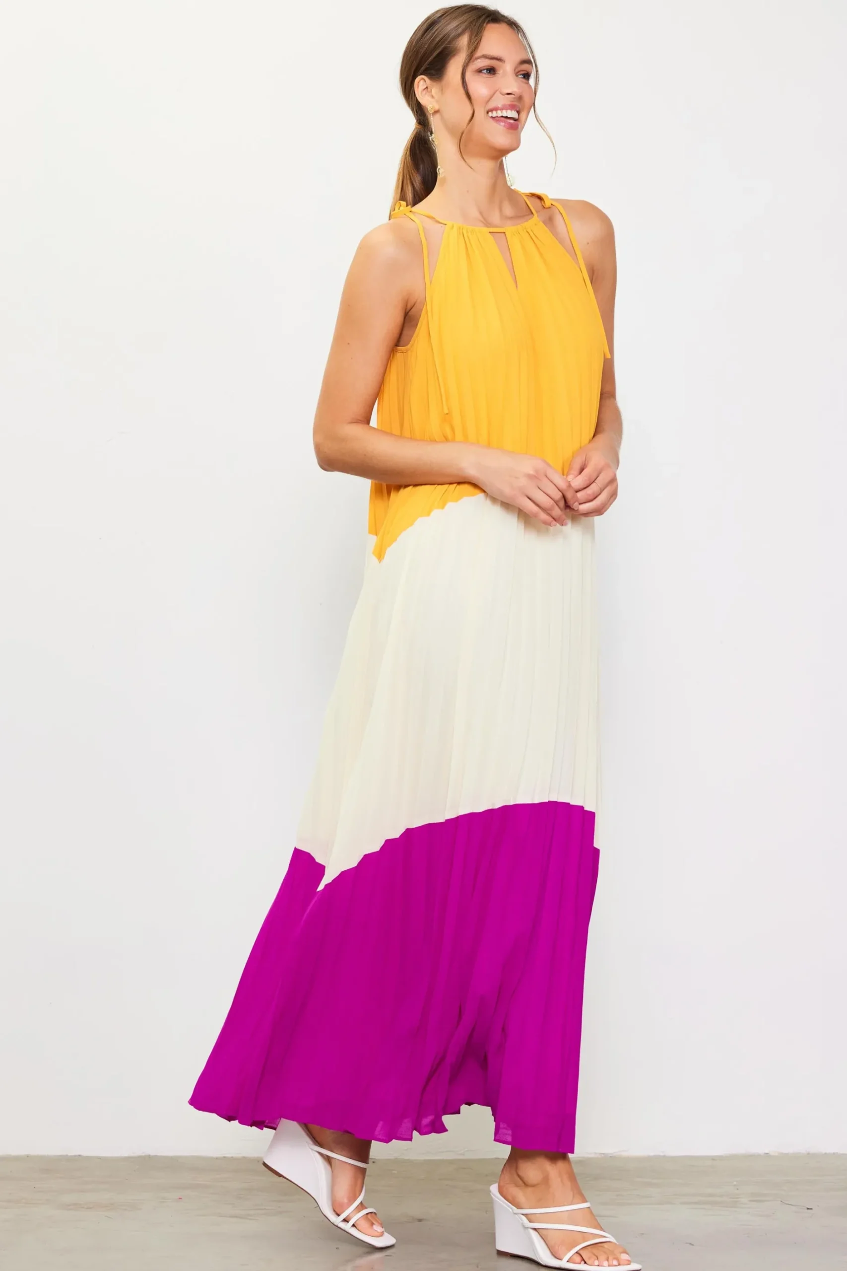 SKIES ARE BLUE Maxi Dresses*Pleated Color Block Maxi Dress Mangoorchid