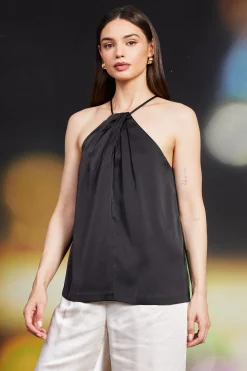 SKIES ARE BLUE Sleeveless Tops*Pleated Detailing Halter Top Black