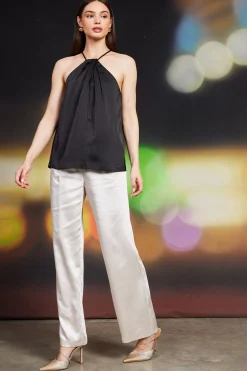 SKIES ARE BLUE Sleeveless Tops*Pleated Detailing Halter Top Black