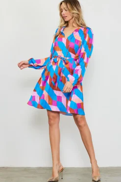 SKIES ARE BLUE Mini Dresses*Pleated Geometric Print Mini Dress Blue-mulberry