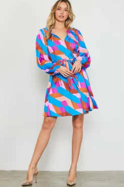 SKIES ARE BLUE Mini Dresses*Pleated Geometric Print Mini Dress Blue-mulberry