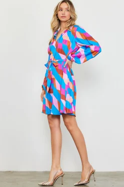 SKIES ARE BLUE Mini Dresses*Pleated Geometric Print Mini Dress Blue-mulberry