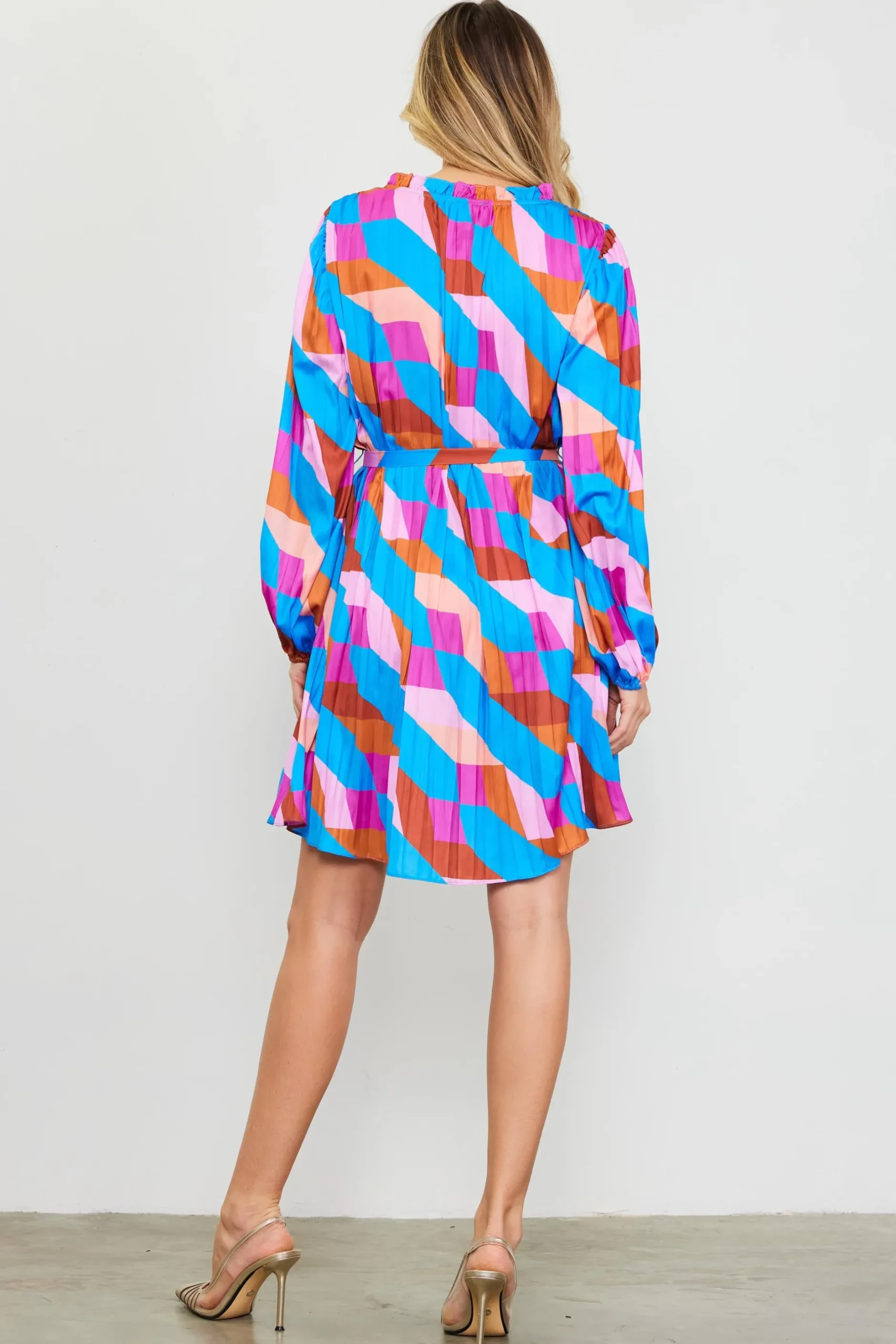 SKIES ARE BLUE Mini Dresses*Pleated Geometric Print Mini Dress Blue-mulberry