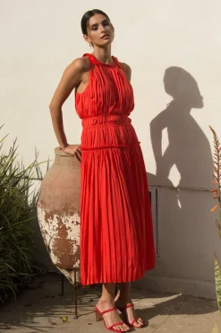SKIES ARE BLUE Midi Dresses*Pleated Halter Midi Dress Coralred