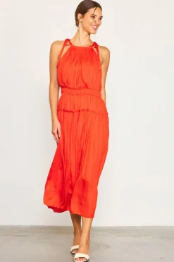 SKIES ARE BLUE Midi Dresses*Pleated Halter Midi Dress Coralred