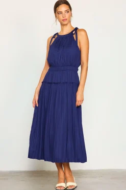 SKIES ARE BLUE Midi Dresses*Pleated Halter Midi Dress Navy
