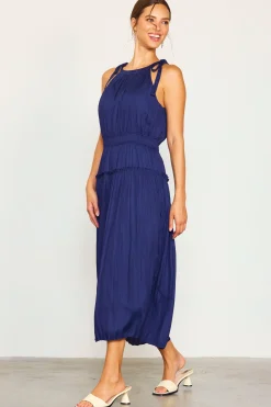 SKIES ARE BLUE Midi Dresses*Pleated Halter Midi Dress Navy