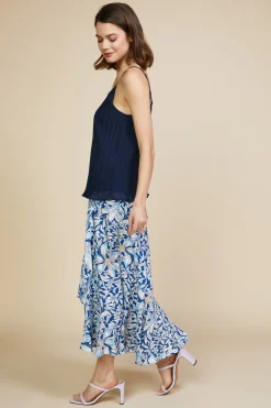 SKIES ARE BLUE Sleeveless Tops*Pleated Lace Detail Cami Top Navy