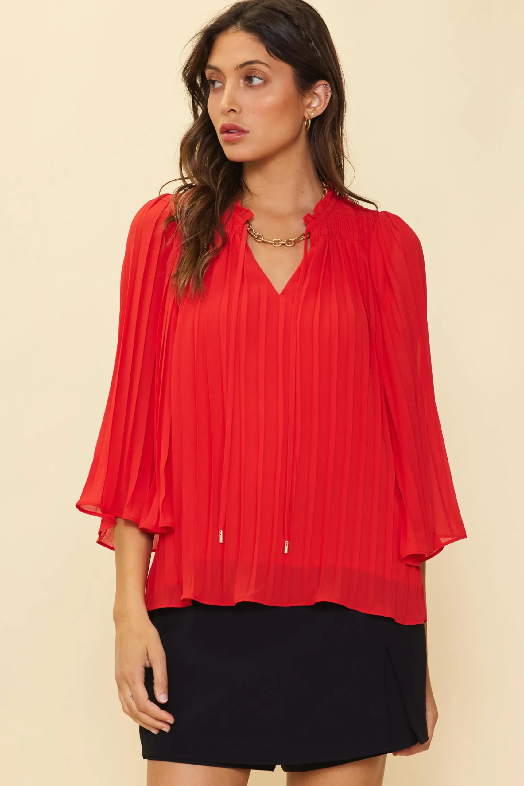 SKIES ARE BLUE Long Sleeve Tops*Pleated Ruffled Trim Top Coralred
