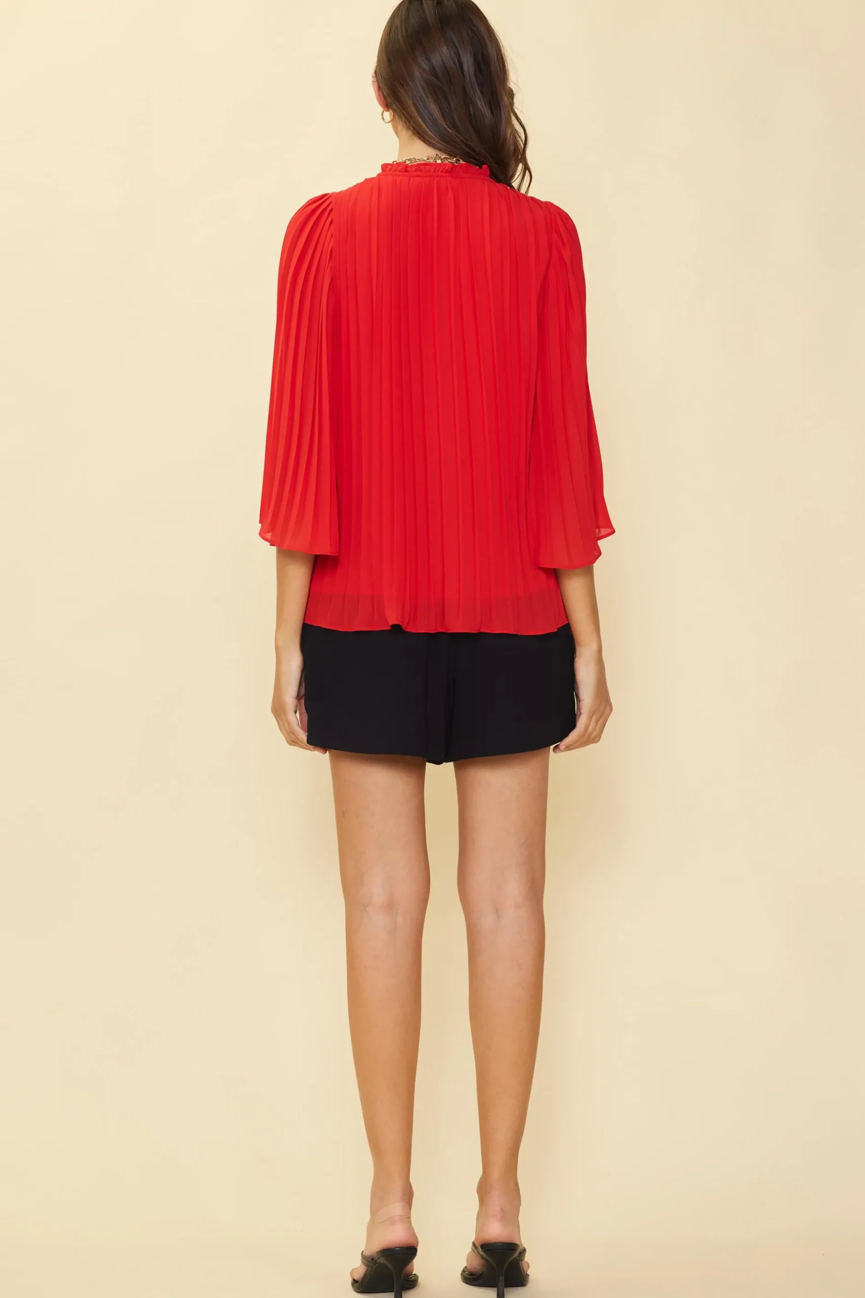 SKIES ARE BLUE Long Sleeve Tops*Pleated Ruffled Trim Top Coralred
