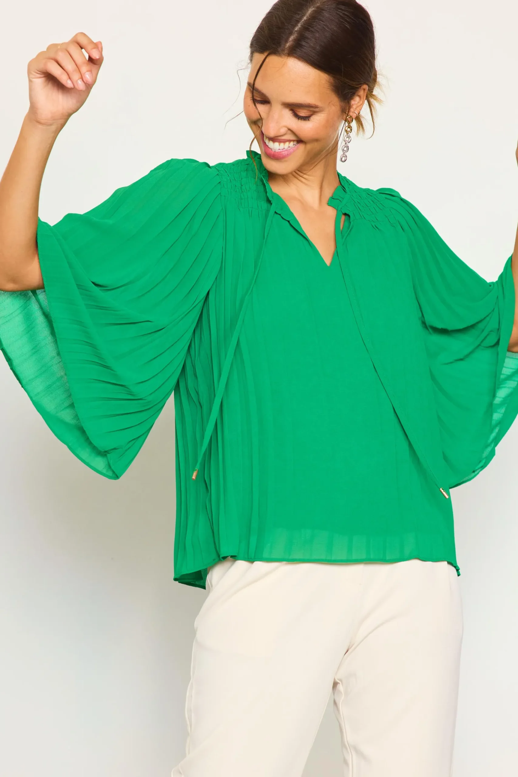 SKIES ARE BLUE Long Sleeve Tops*Pleated Ruffled Trim Top Kelly-green