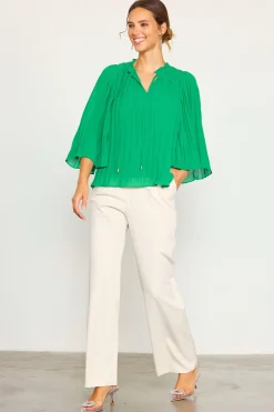 SKIES ARE BLUE Long Sleeve Tops*Pleated Ruffled Trim Top Kelly-green