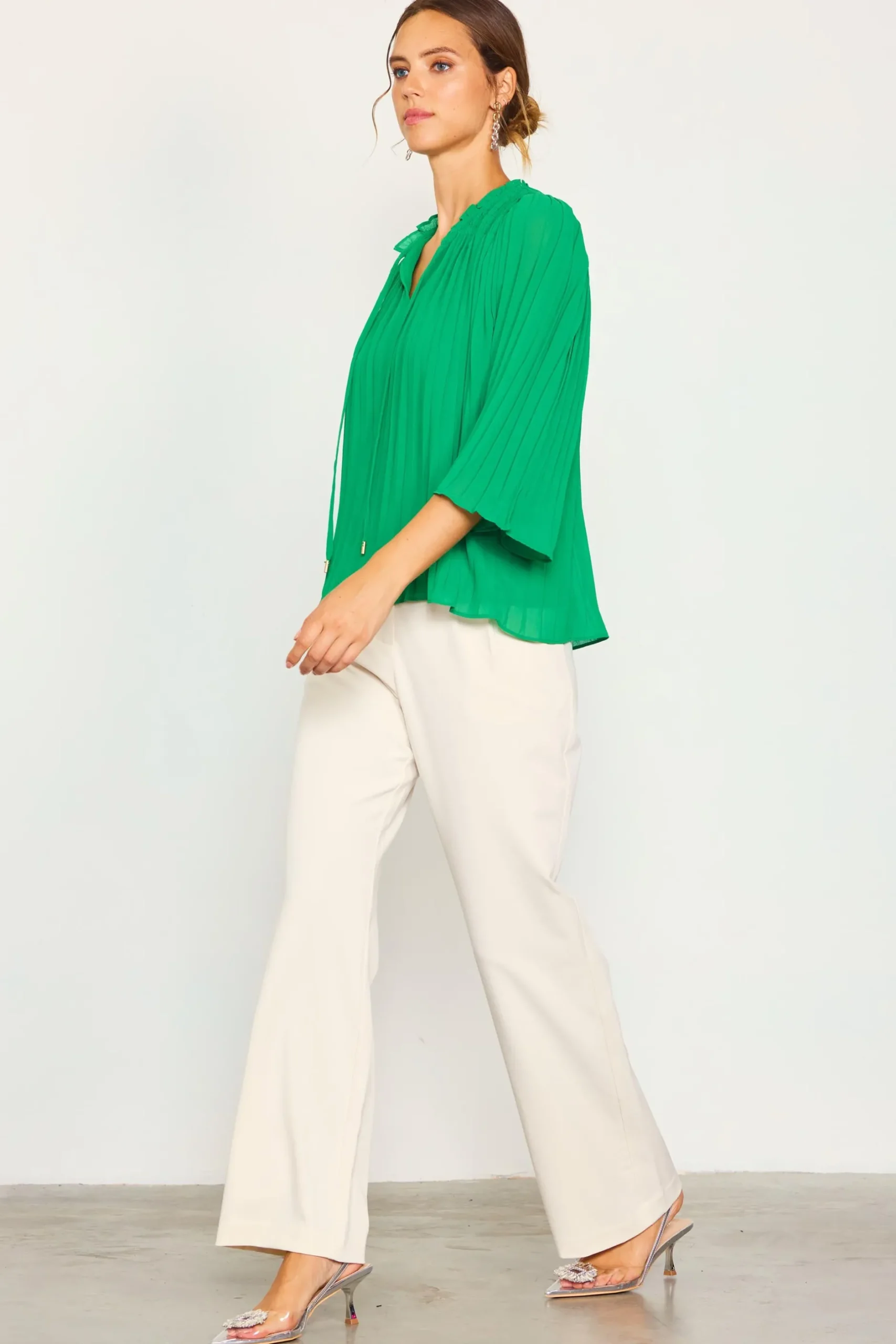 SKIES ARE BLUE Long Sleeve Tops*Pleated Ruffled Trim Top Kelly-green