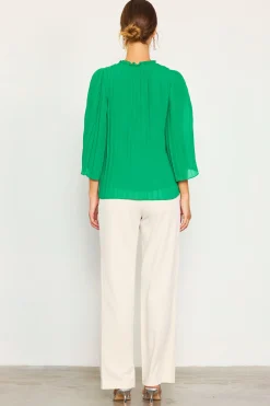 SKIES ARE BLUE Long Sleeve Tops*Pleated Ruffled Trim Top Kelly-green
