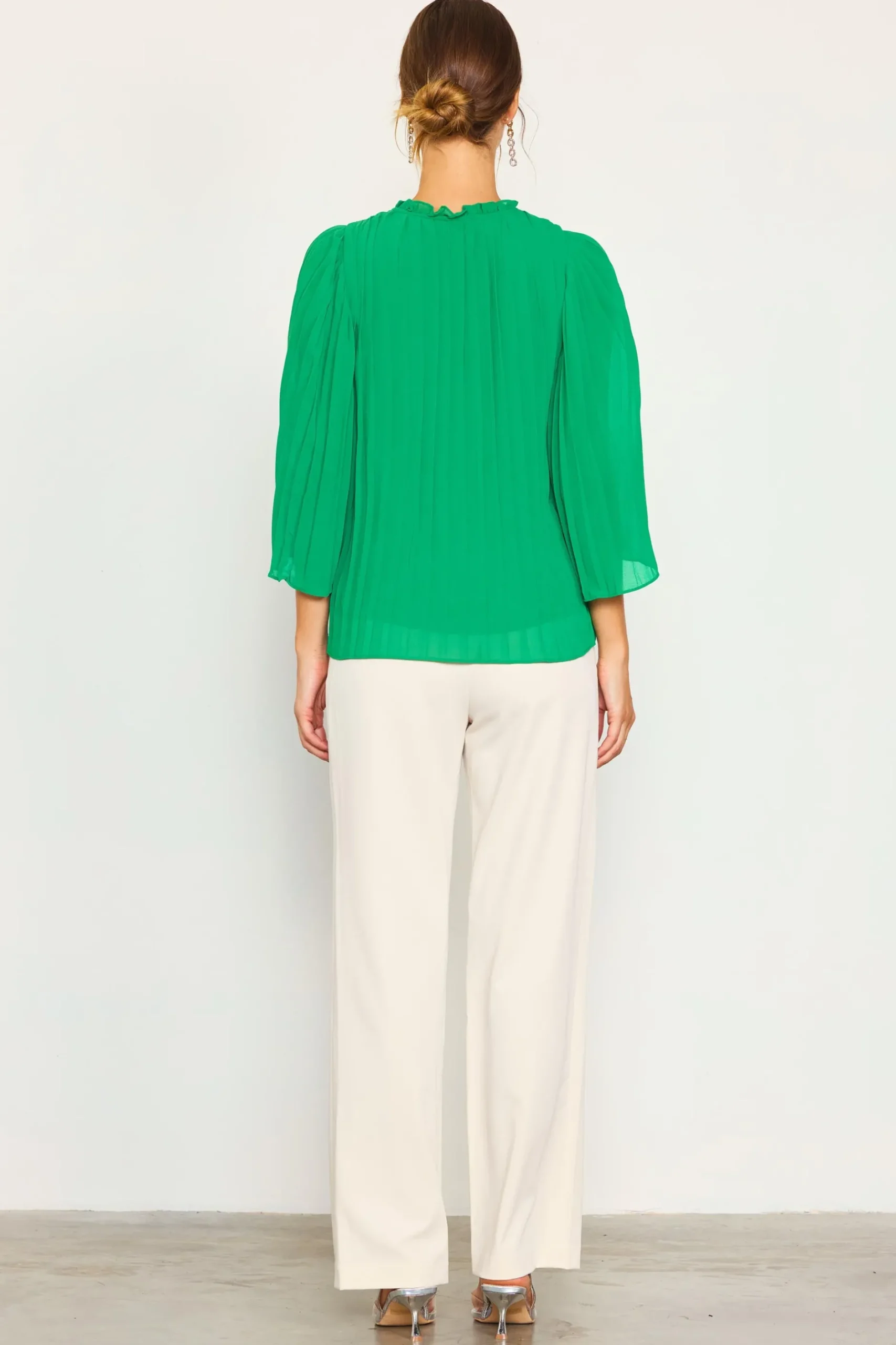 SKIES ARE BLUE Long Sleeve Tops*Pleated Ruffled Trim Top Kelly-green