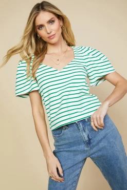 SKIES ARE BLUE Short Sleeve Tops*Pleated Sleeve Knit Top Jadegreen
