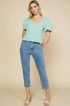 SKIES ARE BLUE Short Sleeve Tops*Pleated Sleeve Knit Top Jadegreen