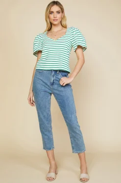 SKIES ARE BLUE Short Sleeve Tops*Pleated Sleeve Knit Top Jadegreen