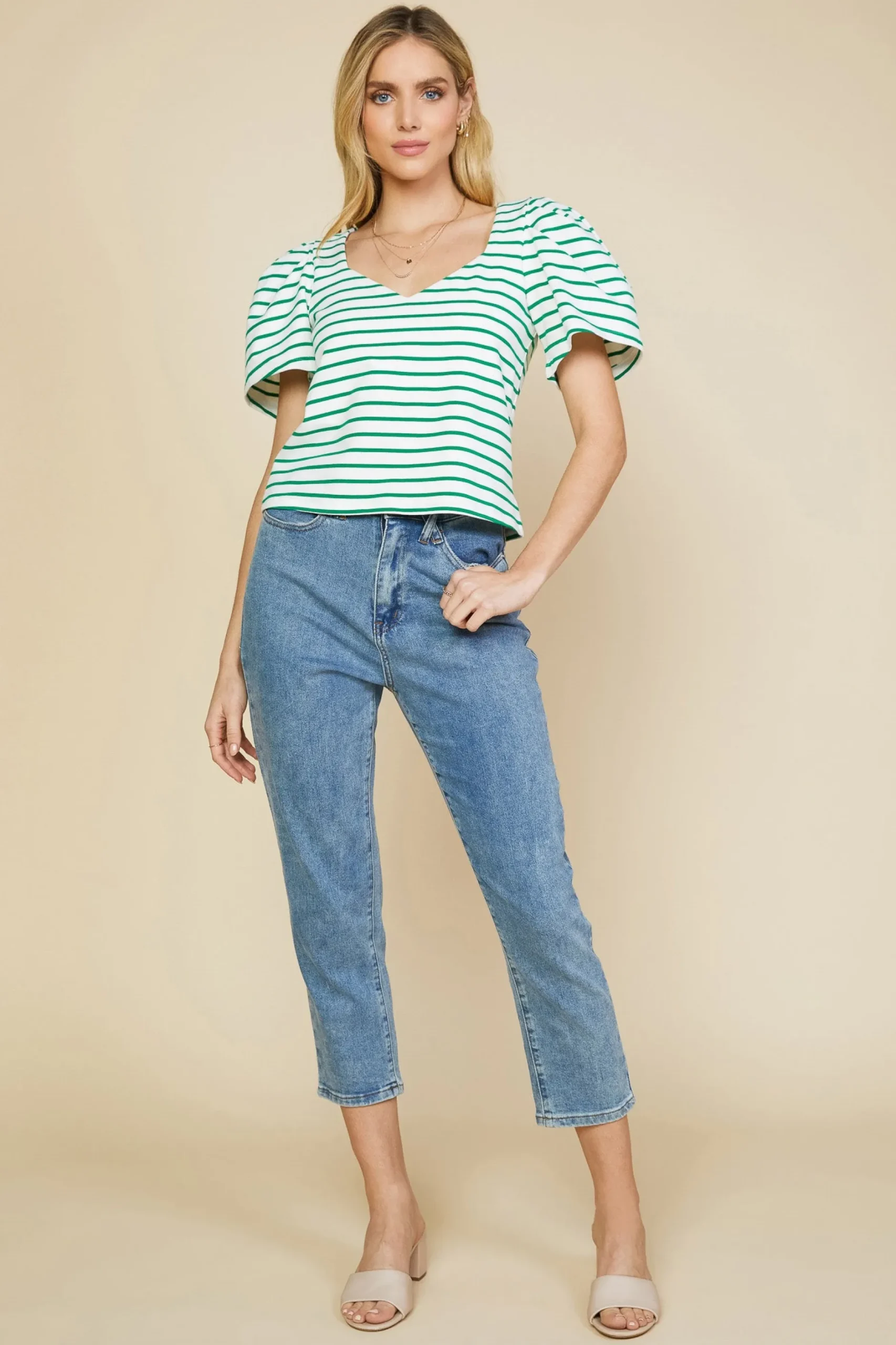 SKIES ARE BLUE Short Sleeve Tops*Pleated Sleeve Knit Top Jadegreen