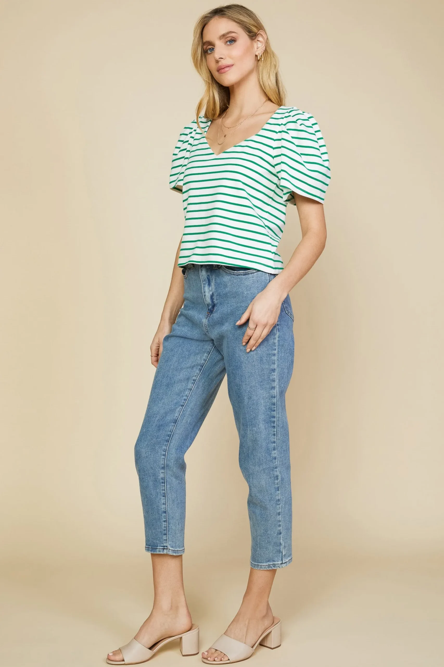 SKIES ARE BLUE Short Sleeve Tops*Pleated Sleeve Knit Top Jadegreen