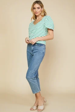 SKIES ARE BLUE Short Sleeve Tops*Pleated Sleeve Knit Top Jadegreen