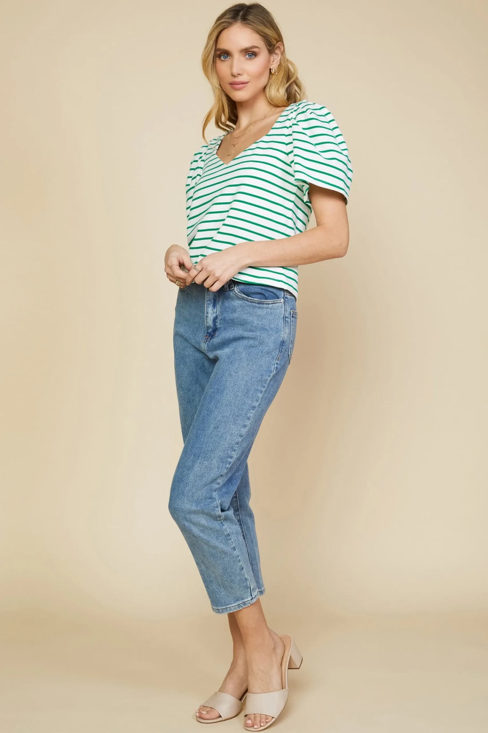 SKIES ARE BLUE Short Sleeve Tops*Pleated Sleeve Knit Top Jadegreen