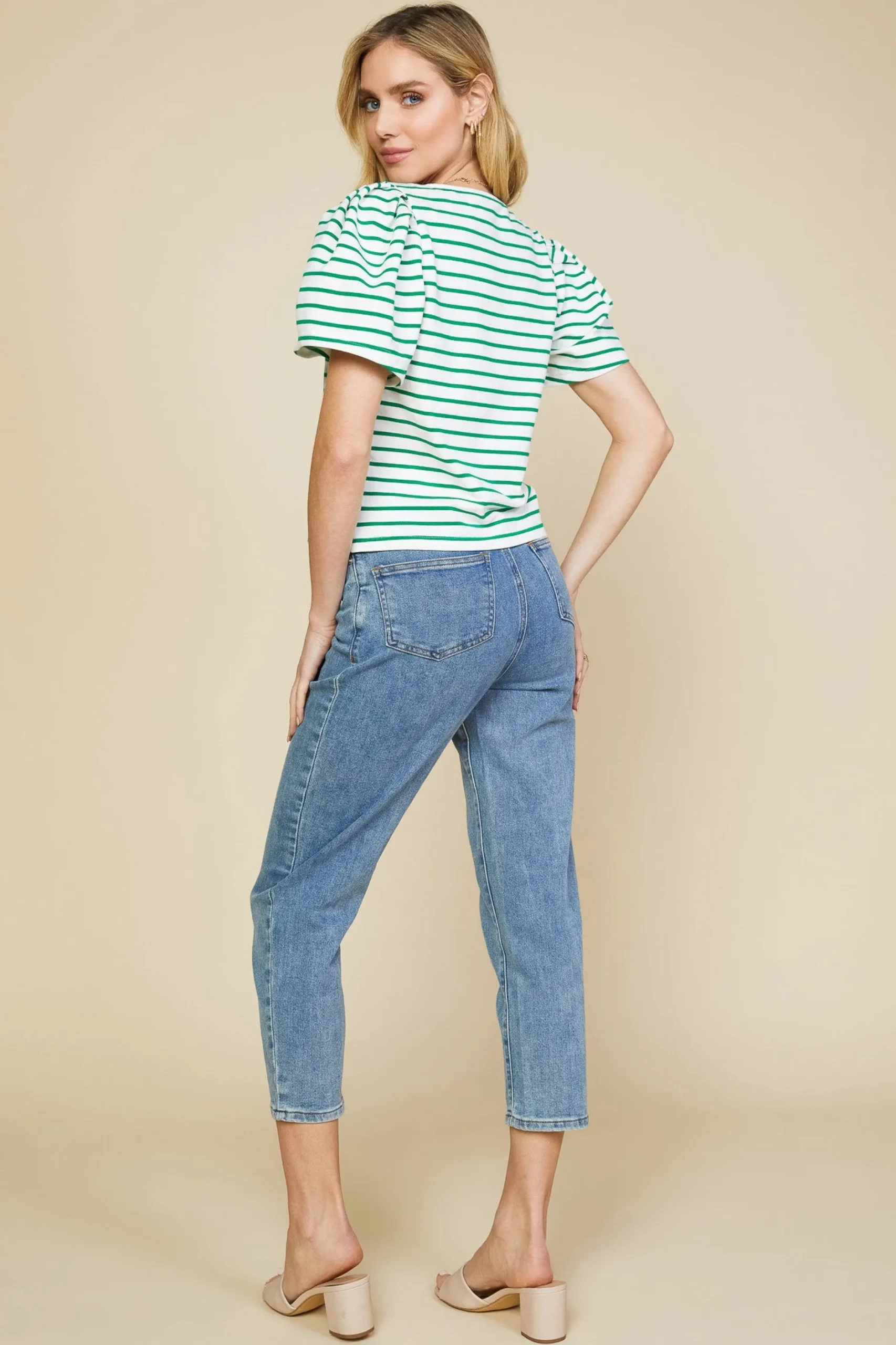 SKIES ARE BLUE Short Sleeve Tops*Pleated Sleeve Knit Top Jadegreen