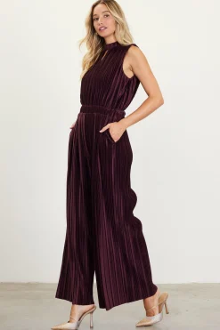 SKIES ARE BLUE Jumpsuits*Pleated Velvet Jumpsuit Chocolate
