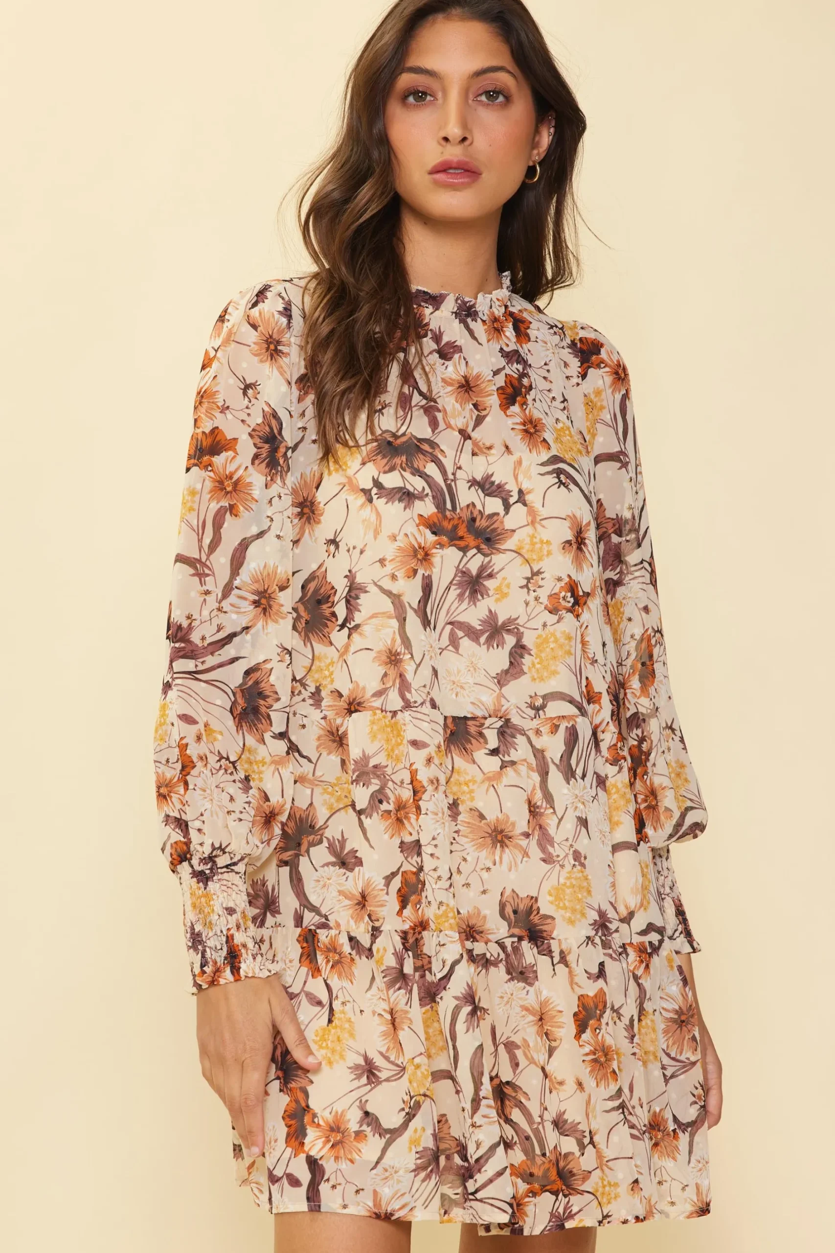 SKIES ARE BLUE Mini Dresses*Poppy Motif Mock Neck Dress Cream-brown
