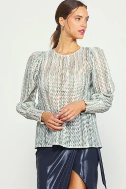SKIES ARE BLUE Long Sleeve Tops*Printed Crochet Round Neck Top Olive