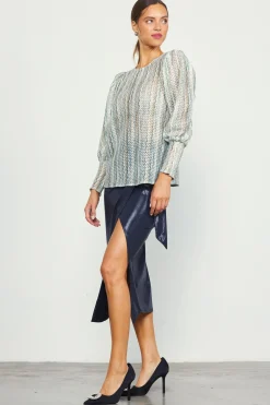 SKIES ARE BLUE Long Sleeve Tops*Printed Crochet Round Neck Top Olive