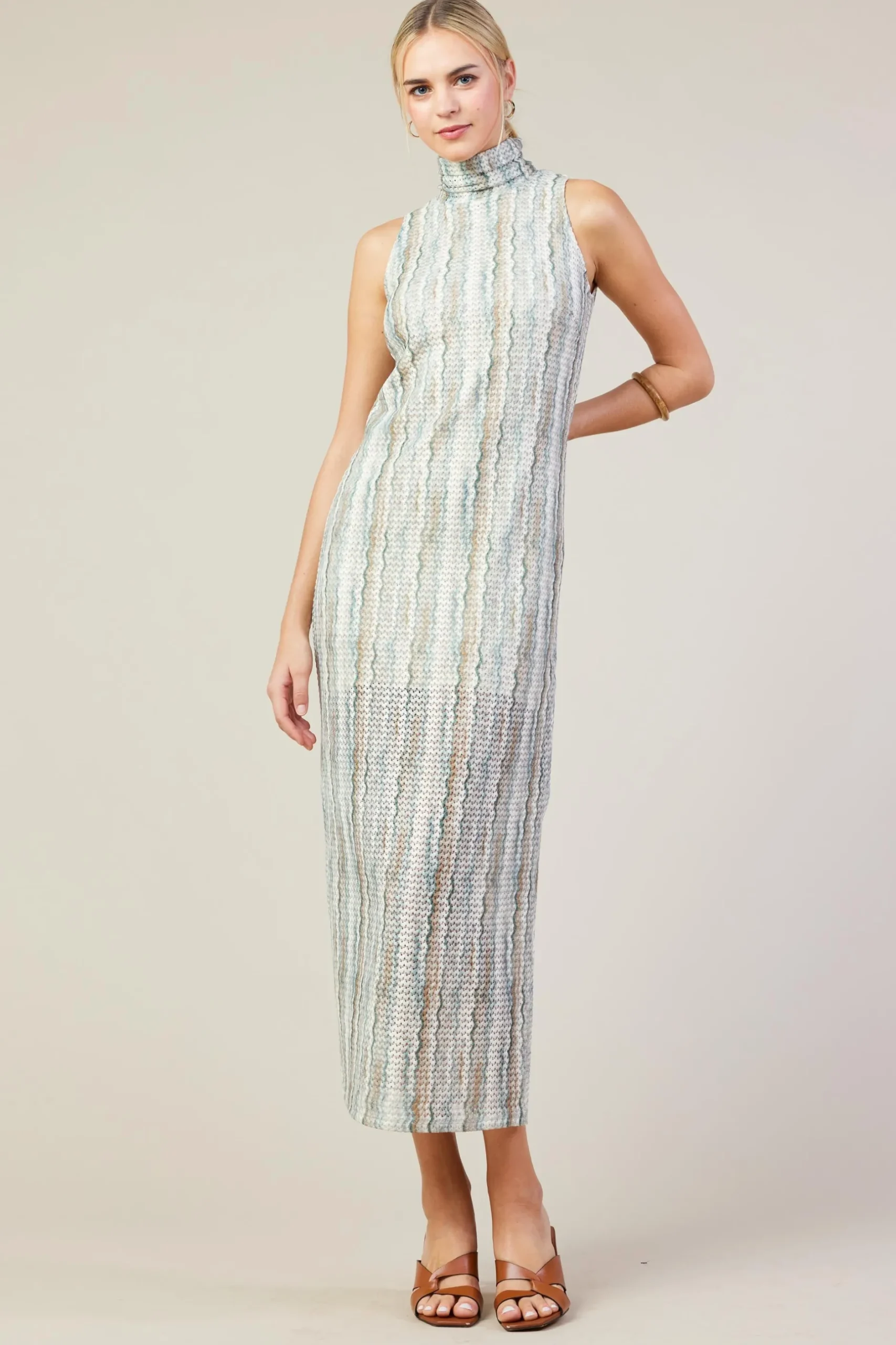 SKIES ARE BLUE Midi Dresses*Printed Crochet Sleeveless Dress Olive