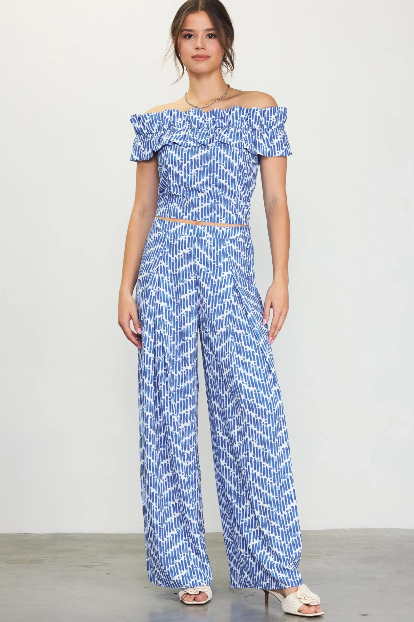 SKIES ARE BLUE Pants*Printed Wide-Leg Pants Blue