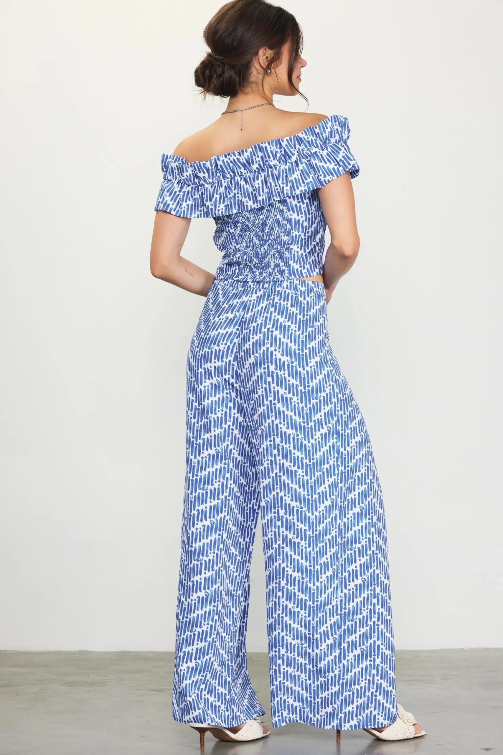 SKIES ARE BLUE Pants*Printed Wide-Leg Pants Blue