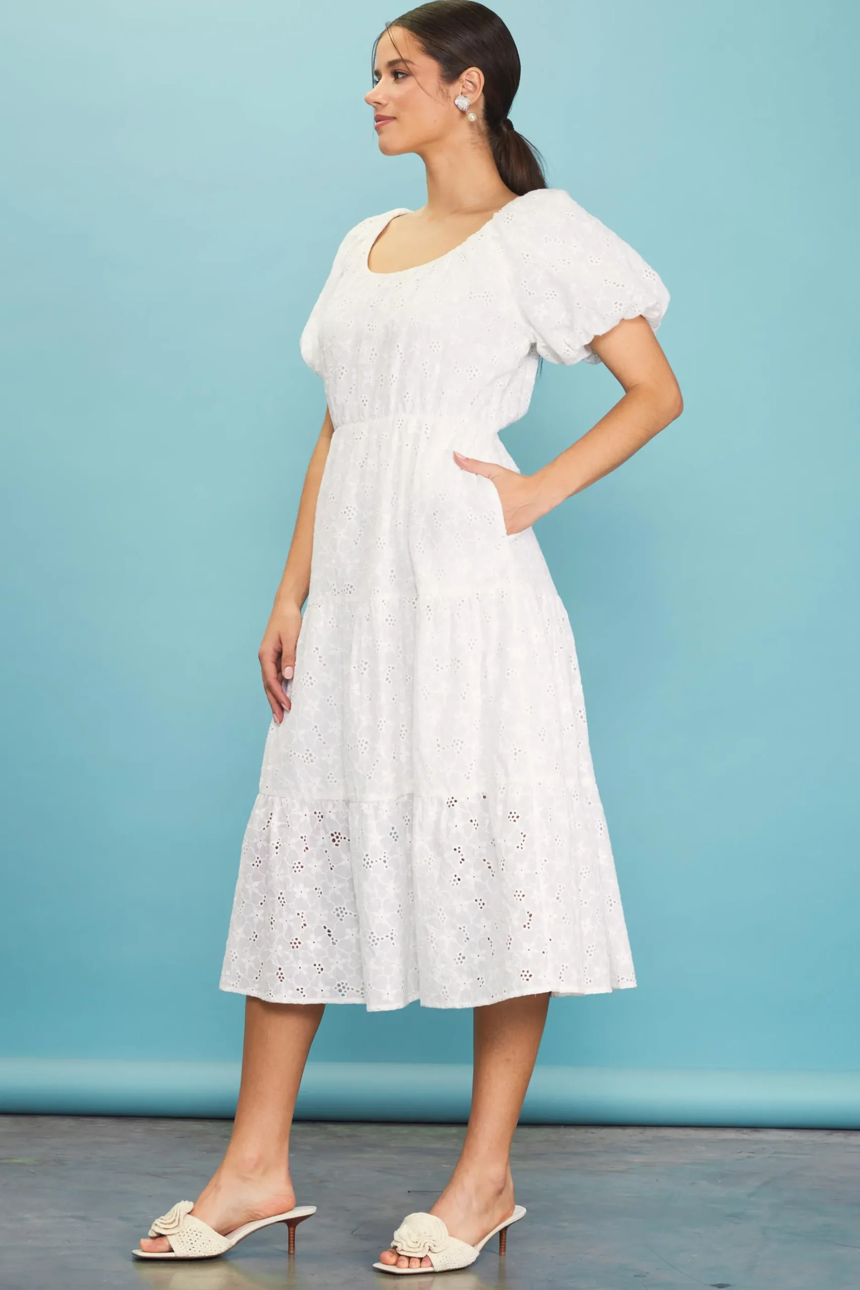 SKIES ARE BLUE Midi Dresses*Puffed Sleeve Tiered Midi Dress White