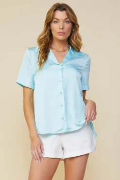 SKIES ARE BLUE Short Sleeve Tops*Recycled Button Down Short Sleeve Shirt Iceblue
