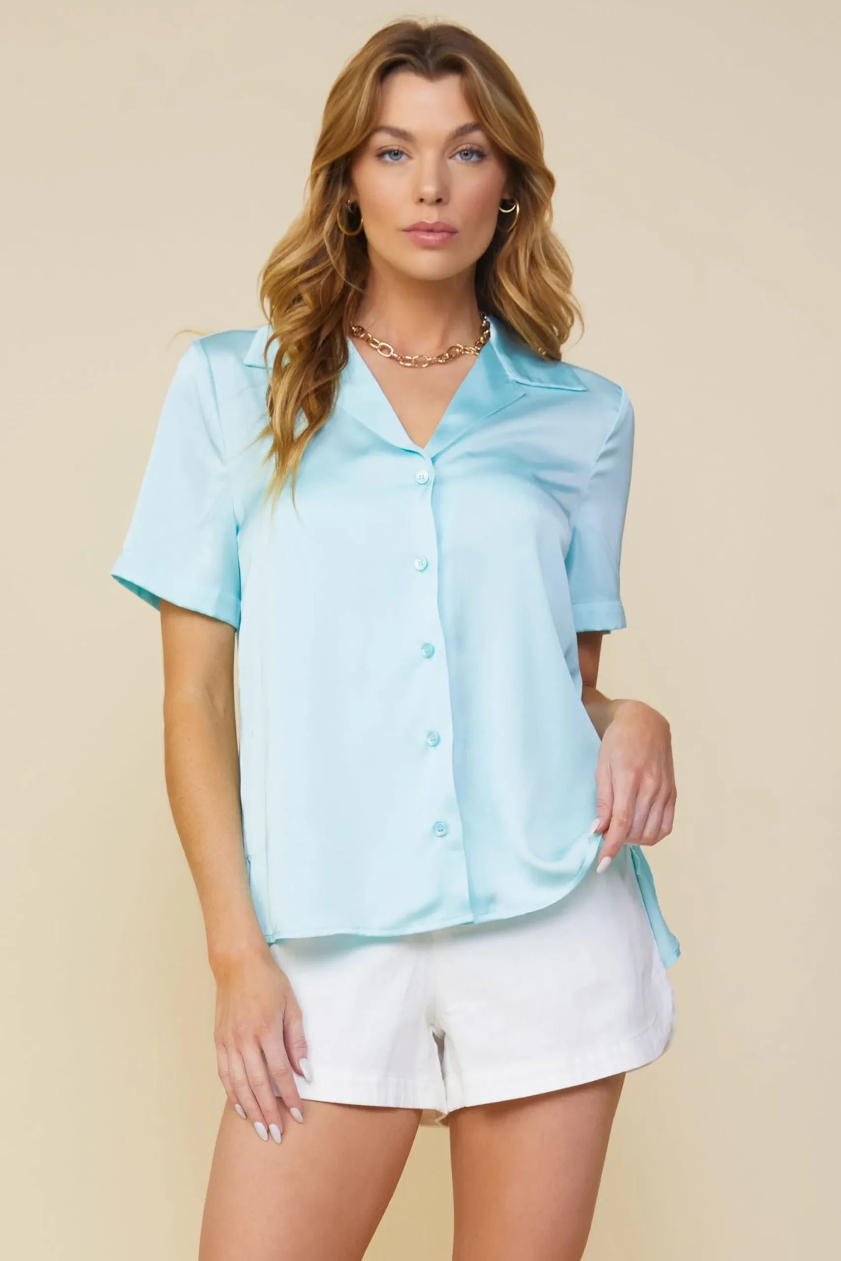 SKIES ARE BLUE Short Sleeve Tops*Recycled Button Down Short Sleeve Shirt Iceblue