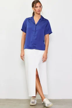 SKIES ARE BLUE Short Sleeve Tops*Recycled Button Down Short Sleeve Shirt Stonenavy