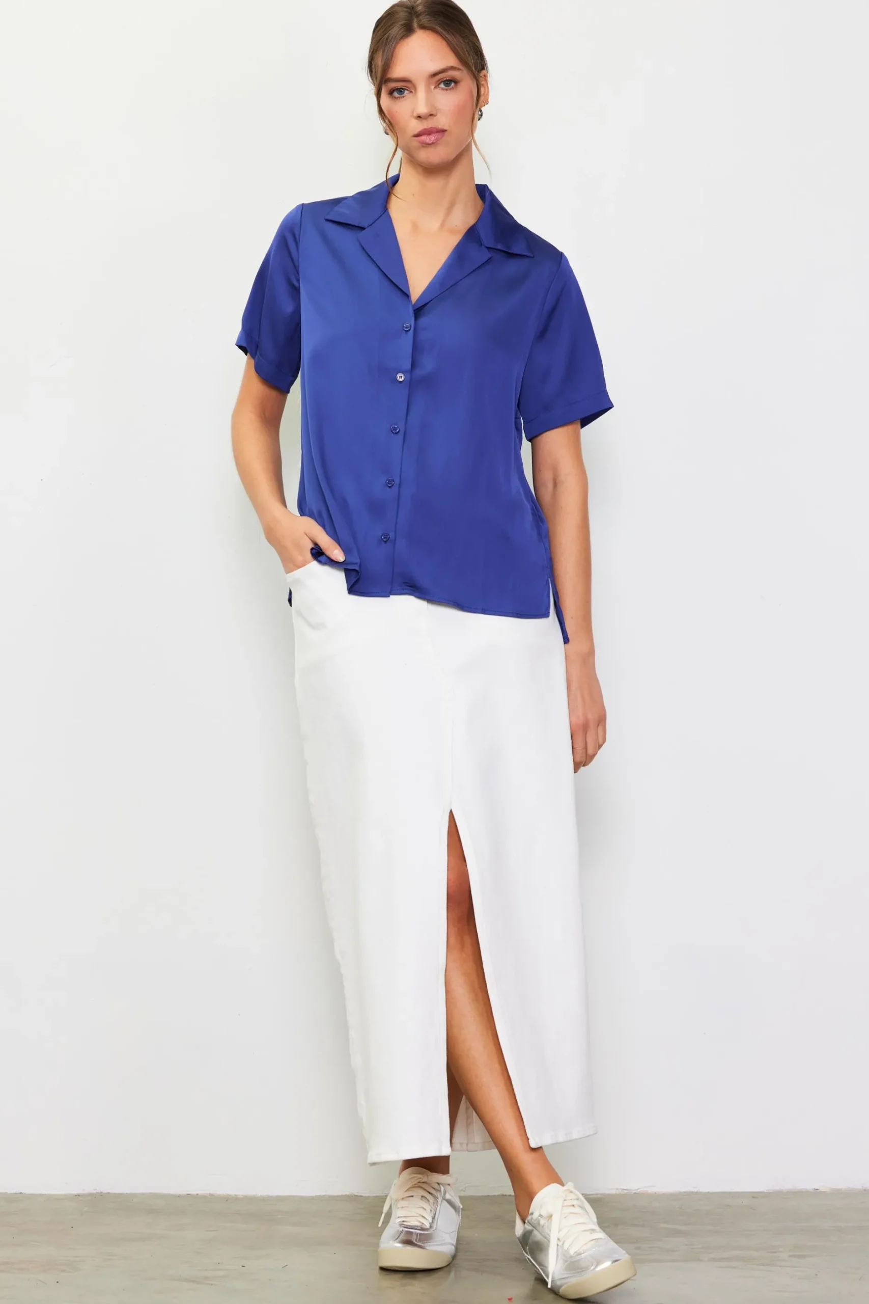 SKIES ARE BLUE Short Sleeve Tops*Recycled Button Down Short Sleeve Shirt Stonenavy