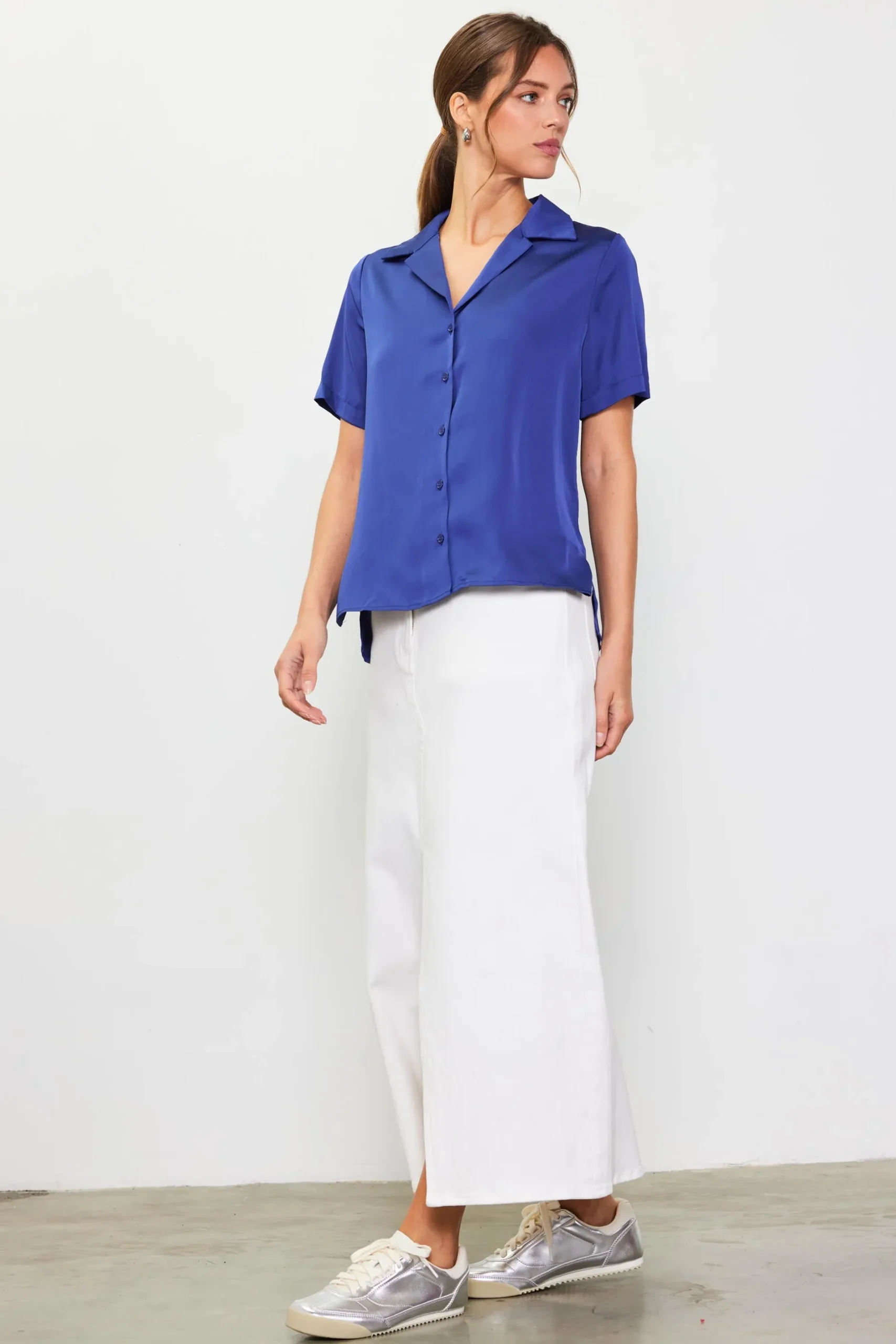 SKIES ARE BLUE Short Sleeve Tops*Recycled Button Down Short Sleeve Shirt Stonenavy